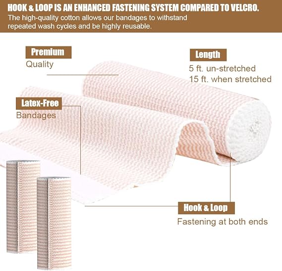 Premium Elastic Bandage Wrap 15cm x 4.5m Compression Bandages Wraps with Self-Closures Reusable Self-Closing Elastic Bandage for Arm Wrist Legs Ankle Knees 4 Pack