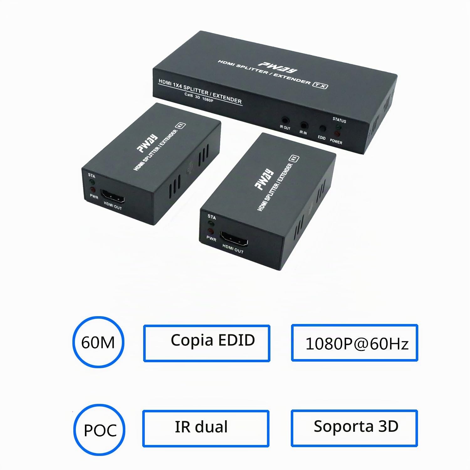 PW-HTS0102IR (POC) 1X2 Splitter HDMI Extensor de Divisor Puerto sobre Cat5e/Cat6 Cable Ethernet con Control Remoto IR Sin demora hasta 60m/196ft y Resolución hasta 1080P@60 Hz (1 In 2 out)