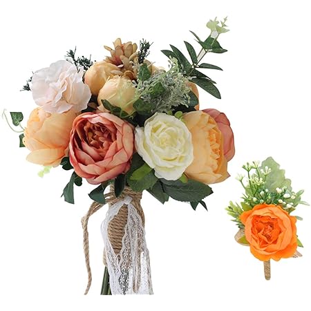 Amazon Misaki ウエディングブーケ 造花 花嫁ブーケ ブライダルブーケ ラウンドブーケ 芍薬 バラ 花束 欧米風 森ガール 結婚式 ニ次会 撮影 オレンジ 造花 オンライン通販