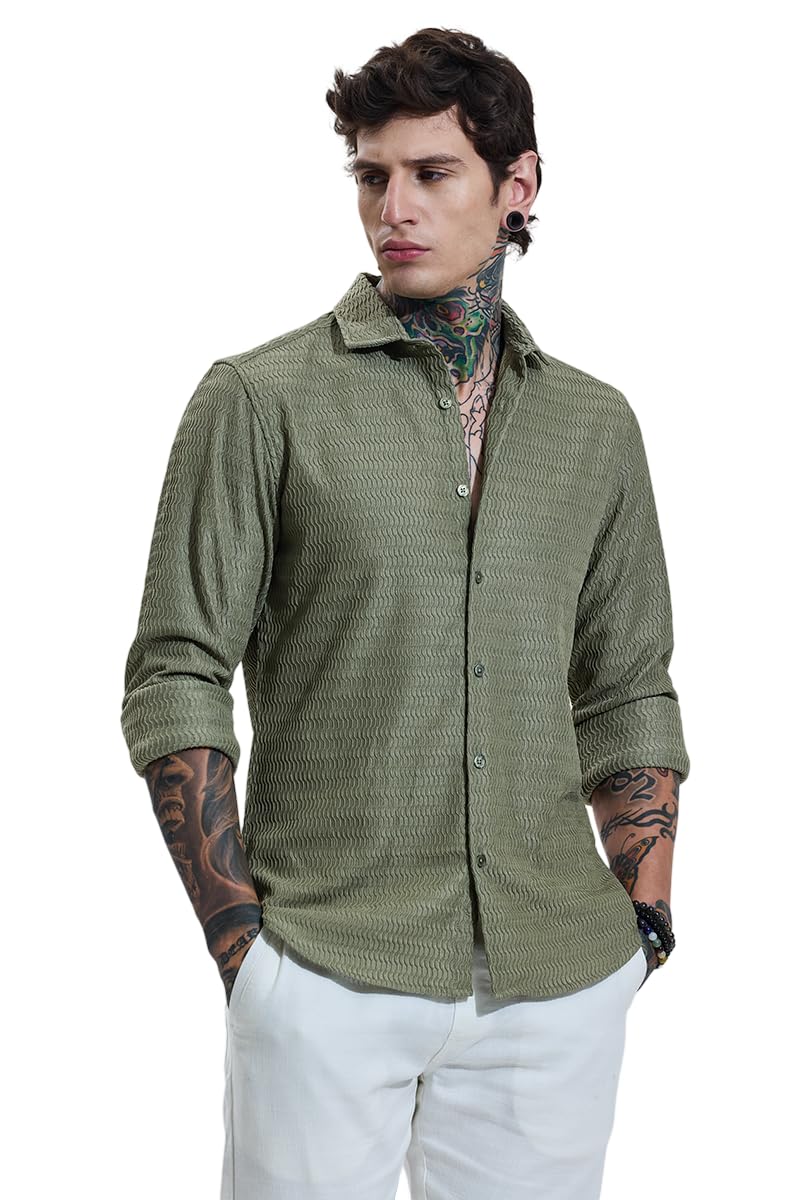 SNITCH Men Casual Shirt | Slim Fit Long Sleeve Classic Collar Textured Design | Premium Polyester Blend & Comfortable Fabric Semi-Formal Occasions in neutral