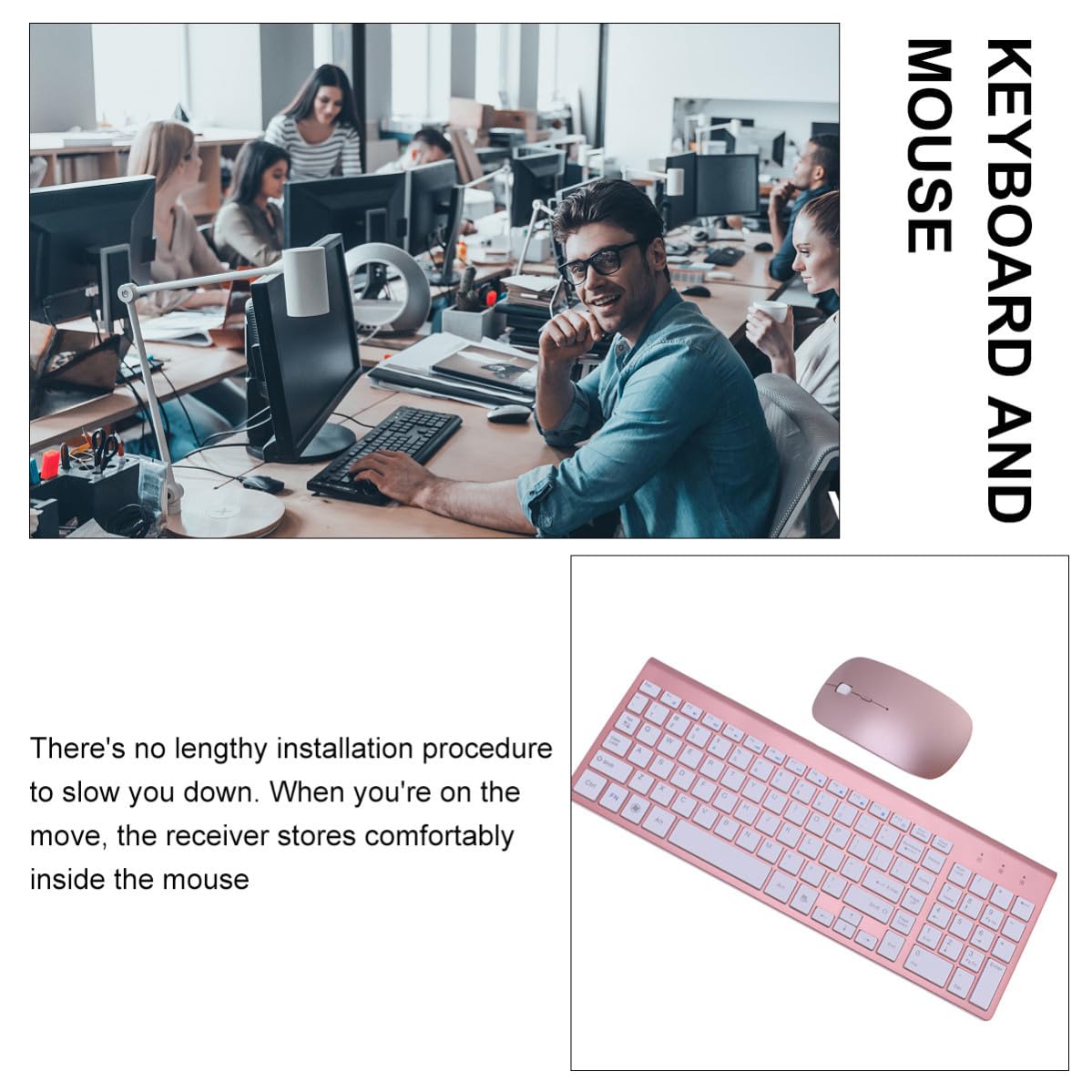 Tastiera e Mouse Wireless Set Sottile per Ufficio, Tasti Silenziosi