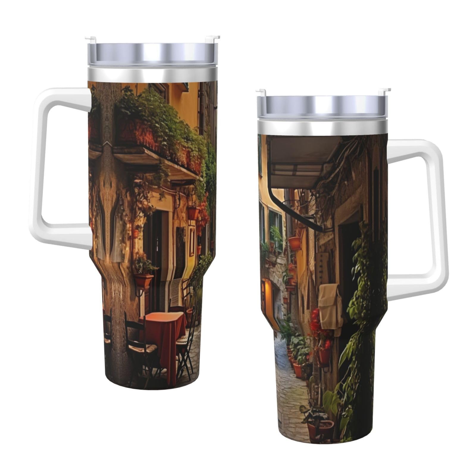 Italian Old Street Wasserflasche aus Edelstahl, doppelwandig, isoliert, mit Griff und Strohhalm-Deckel, 1,2 l