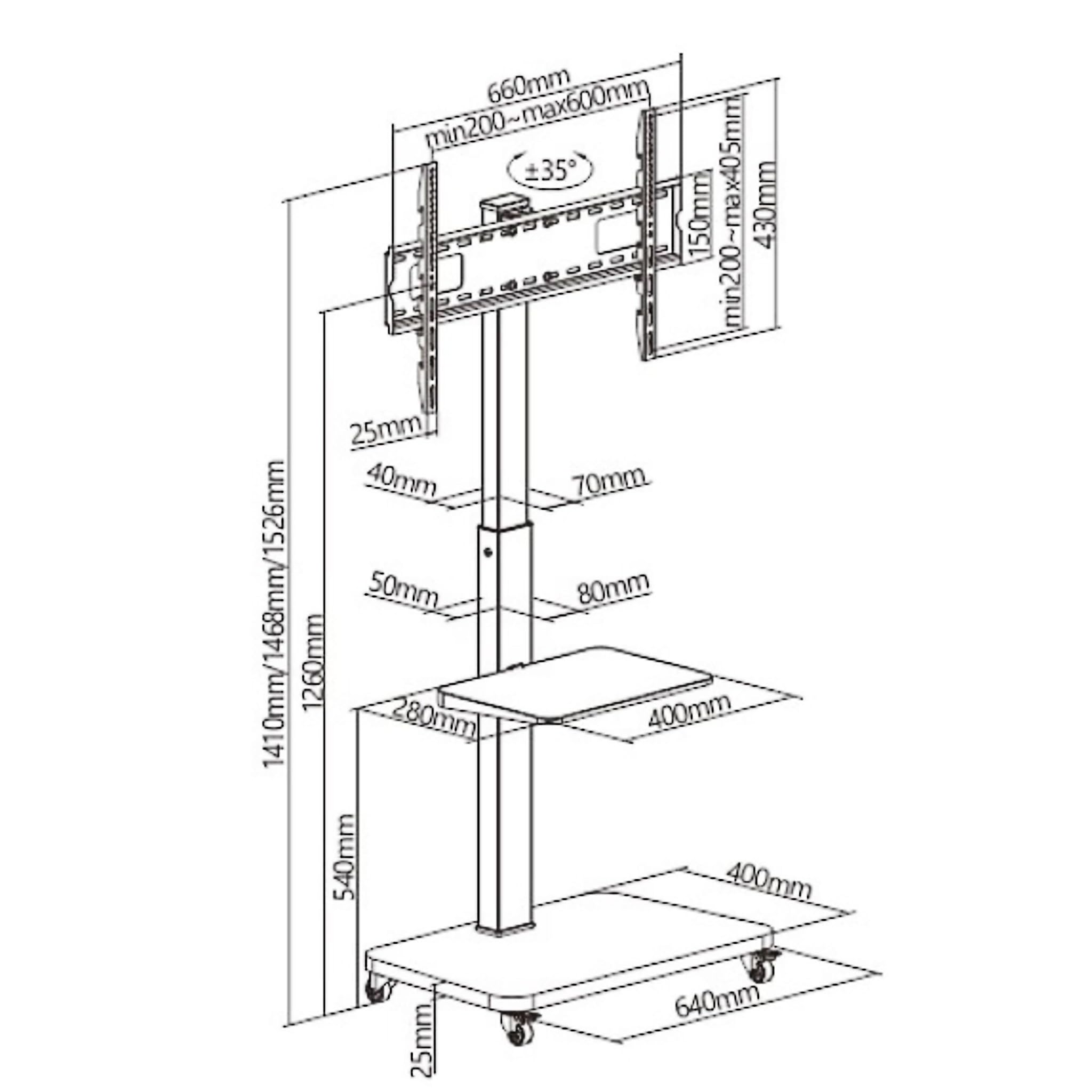 Bricoloco Soporte TV de Suelo con Ruedas giratorias y 2 baldas de Apoyo para Accesorios - Soporte de pie para televisores de 37 a 70 Pulgadas con Base Robusta y Estable - Sistema de Cables recogidos.