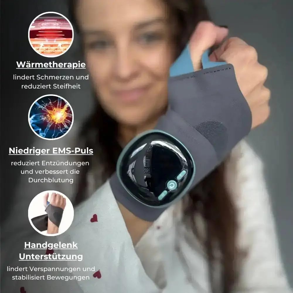 asipu Nervio 3-in-1 – Effektive Schmerzlinderung handgelenkstütze mit wärme, handgelenk massage für Gelenkschutz Kabelloses EMS Handgelenk Massagegerät mit Wärme, 9 Intensitäten & 5 Modi