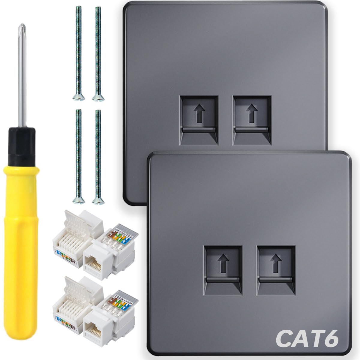 Acmerota CAT6 Ethernet Socket 2 Port RJ45 Ethernet Faceplate LAN Cable Faceplate Grey RJ45 Socket Cat6 Network Wall Plate for Ethernet Cable Networking Socket Box, Tool-Free Network Connector Module