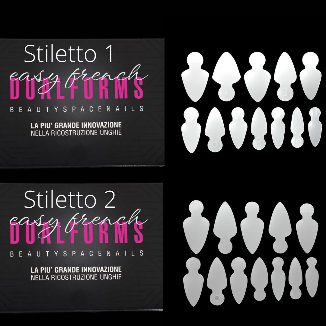 Beauty Space nails - 2 EASY FRENCH silicone stencil sticker stampo per linea muretto per dualforms, soft silicone riutilizzabili per sistema dual system (MODELLO STILETTO LONG+SHORT)