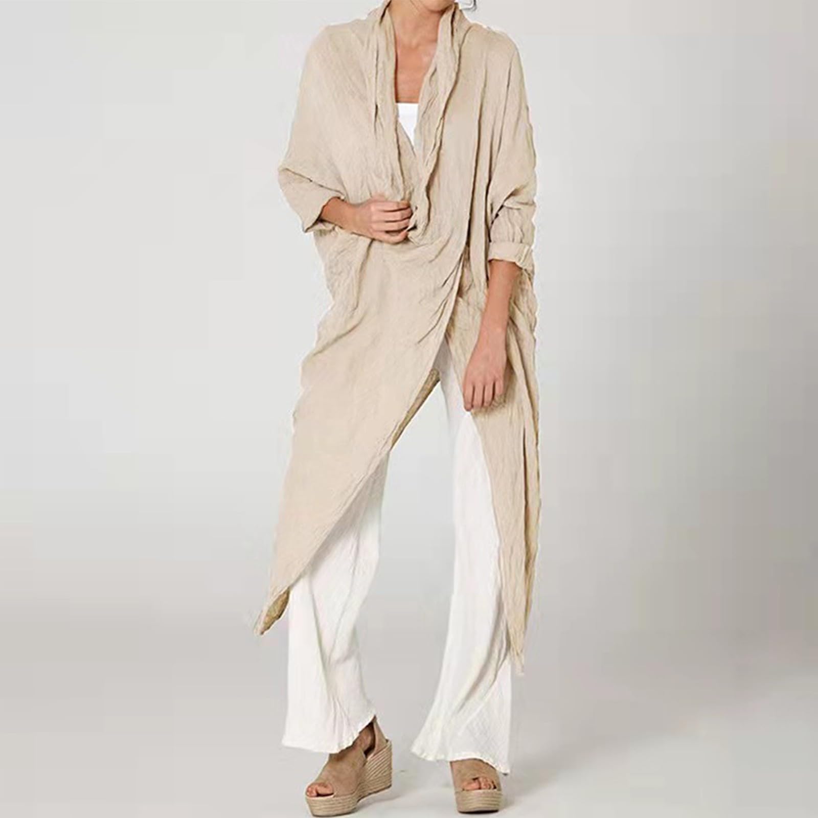 Top avvolgente da donna in lino casual arrotolabile a maniche lunghe camicette con collo ad anello asimmetrico caftano oversize orlo immerso top da donna caftano italiano leggero camicie lunghe