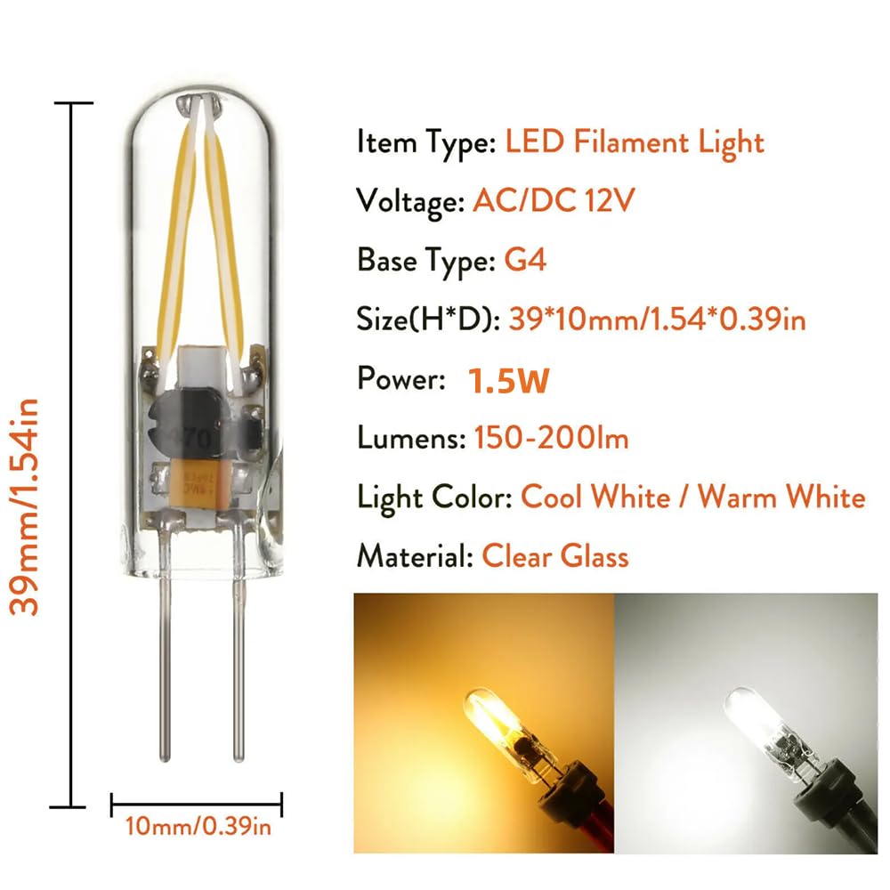 16 Stück G4 COB LED 1.5W Glühbirne Halogen Lampe Klarglas Kronleuchter Spotlight Warm Weiß Kalt Weiß Raumdekoration,Warm white