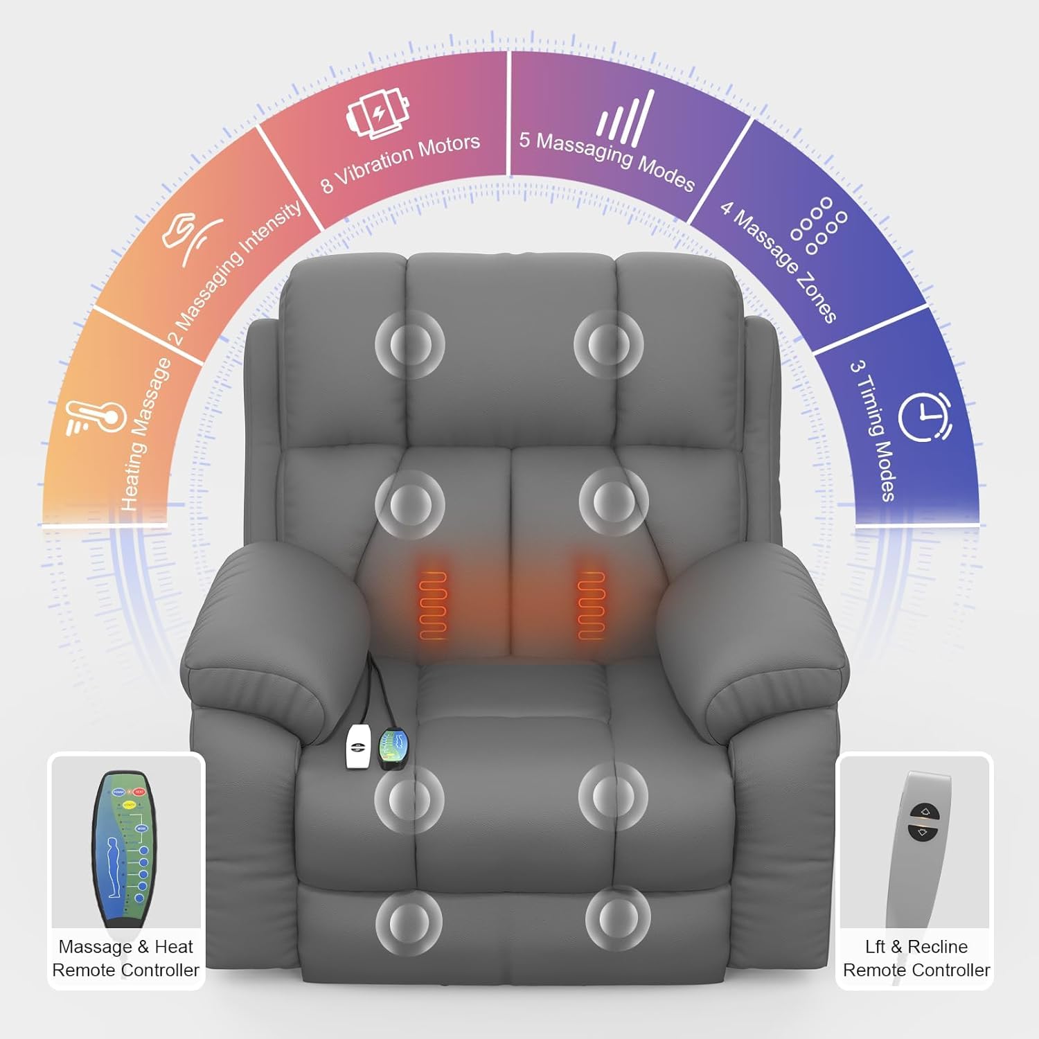 Fernsehsessel Relaxsessel Elektrisch Massagesessel mit Liegefunktion Aufstehhilfe, 60 cm breiter Liegestuhl,Massage Heizung, Fußteil, 2 Seitentaschen Getränkehalter, TYP C USB-Anschlüsse Liegen Leder