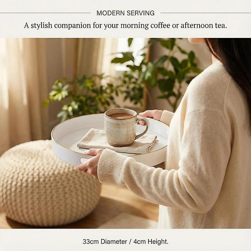 Zosenley Decorative Tray, Round Plastic Tray with Handles, Modern Vanity Tray and Serving Tray for Ottoman, Coffee Table, Kitchen and Bathroom, Size 13” (White) - Image 4