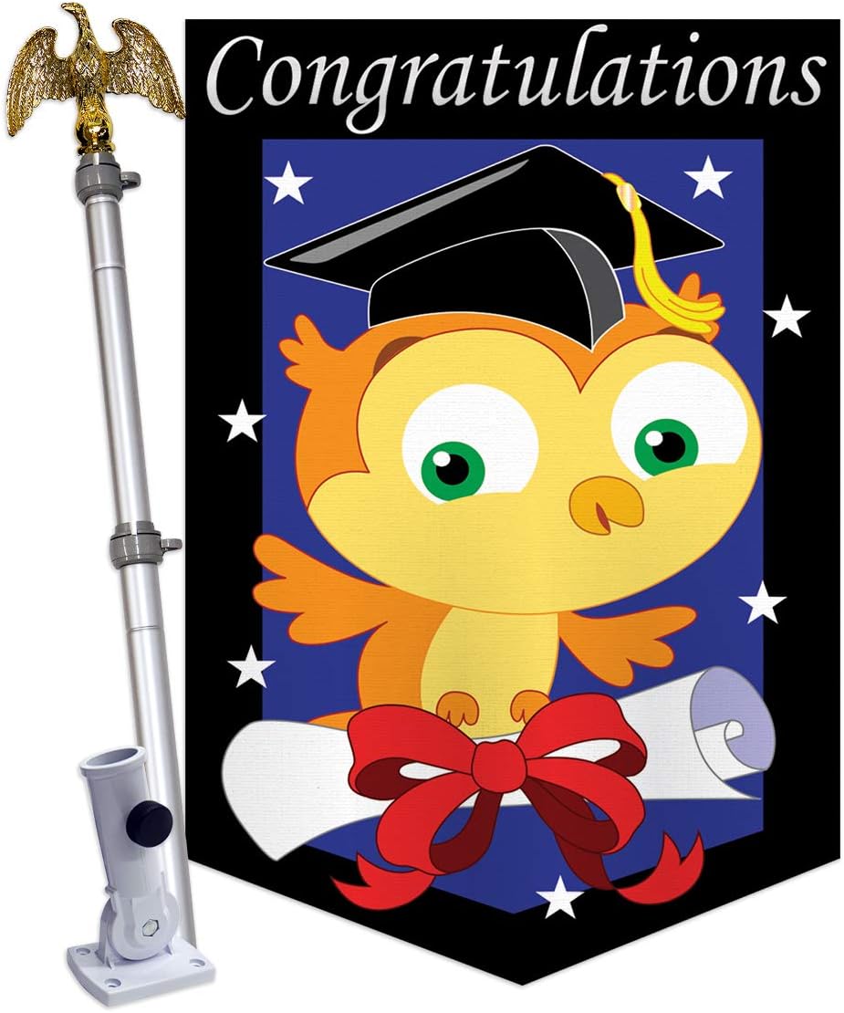 HS115063-P2-02 Congratulations Special Occasion School & Education Applique Decorative Vertical 28" x 40" Double Sided House Flag Set Aluminum Pole Bracket Hardware