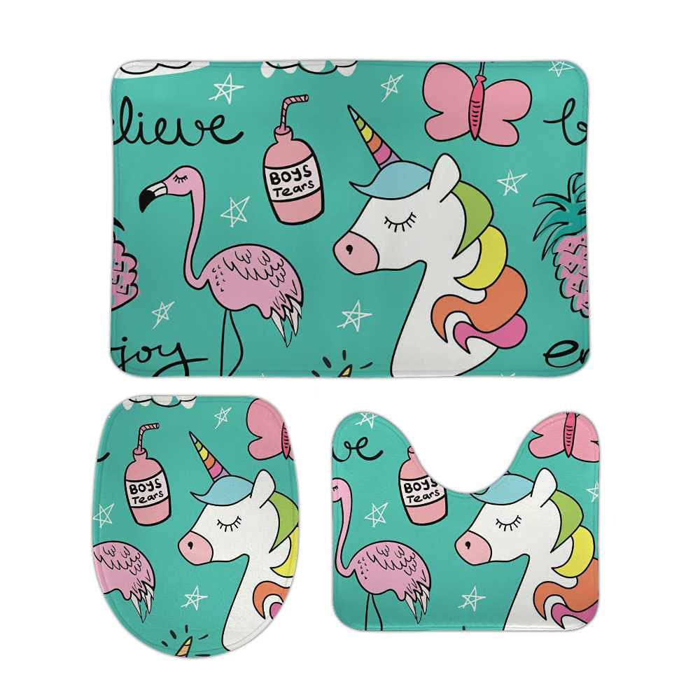 Tapis de salle de bain motif licorne vert ensemble 3 pièces avec tapis contour U