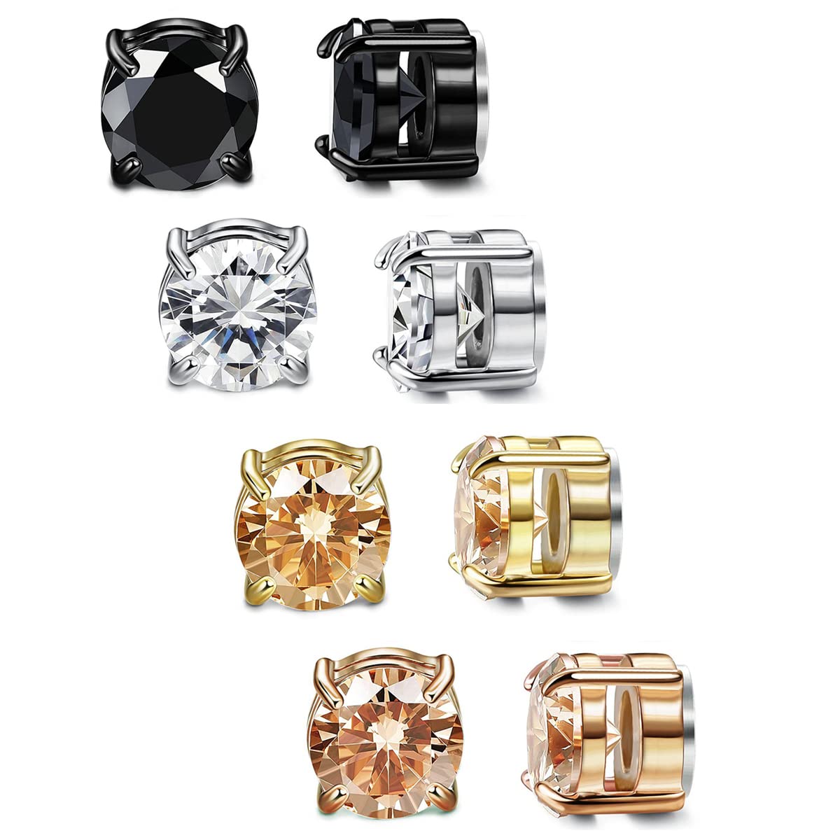 YCL&TXL 4 Pairs Stainless Steel Round Cubic Zirconia Magnetic Stud Earring Set for Women Men, Cubic Zirconia, Cubic Zirconia