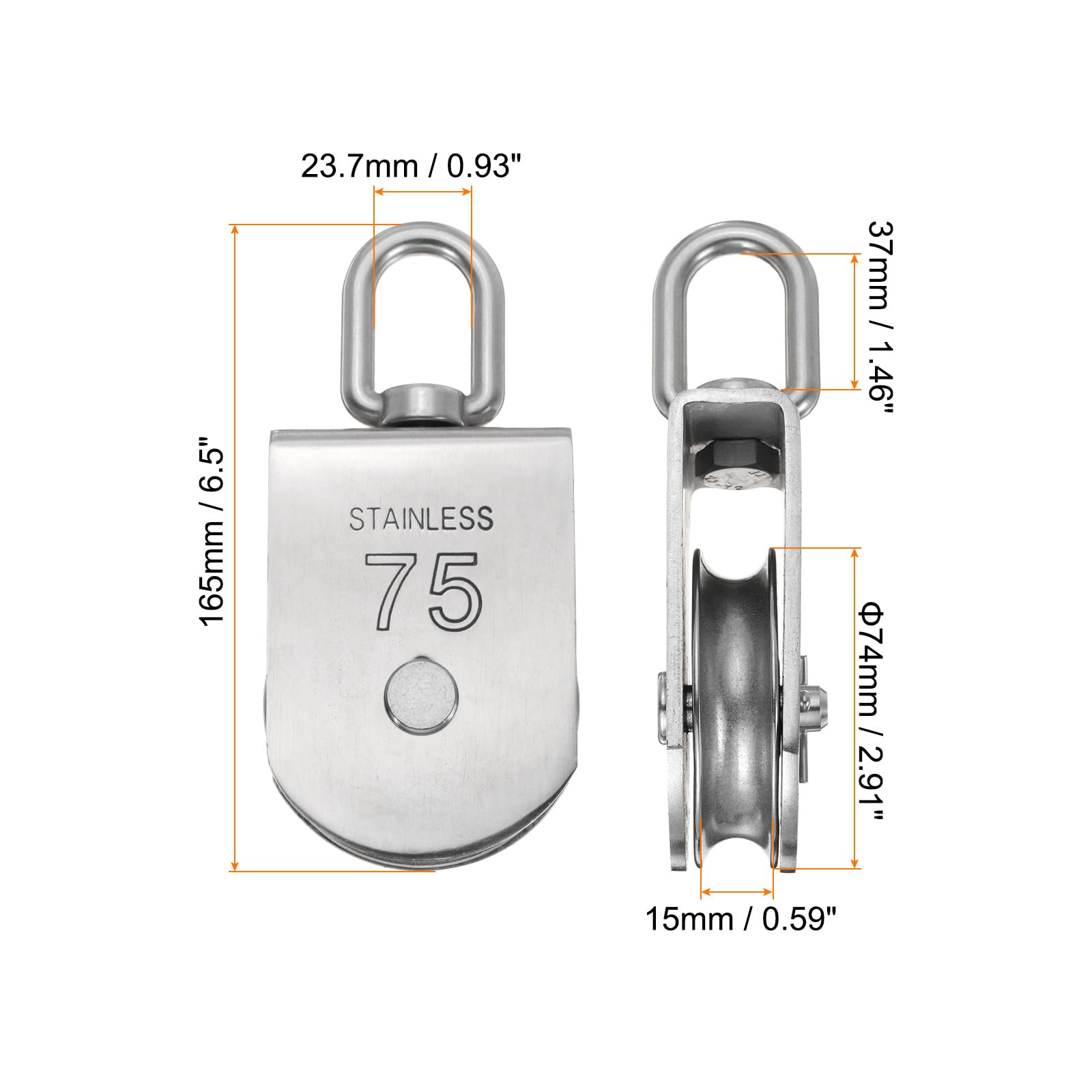 PATIKIL M75 Single Pulley Block, 304 Stainless Steel Heavy Wire Rope Hanging Wire Towing Wheel Lifting Crane Swivel Hook, Loading 750KG/1653LBS