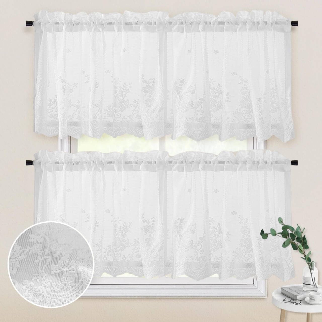Rideau de cuisine en dentelle haut de gamme cantonnière blanche brodée vintage 61 cm