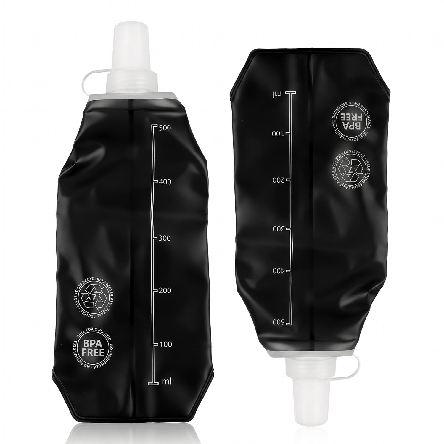 Wellrun 2 Pack 500ml Soft Flask Running Water Bottle,TPU Collapsible Hydration Flask for Running Vest,Ultra Lightweight Foldable Water Bottle for Cycling,Hiking,Marathon & Travel,Black