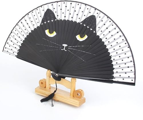 Miniatura 2 de Tinksky abanico de seda para Mujeres, adornado con gato de caricatura, negro
