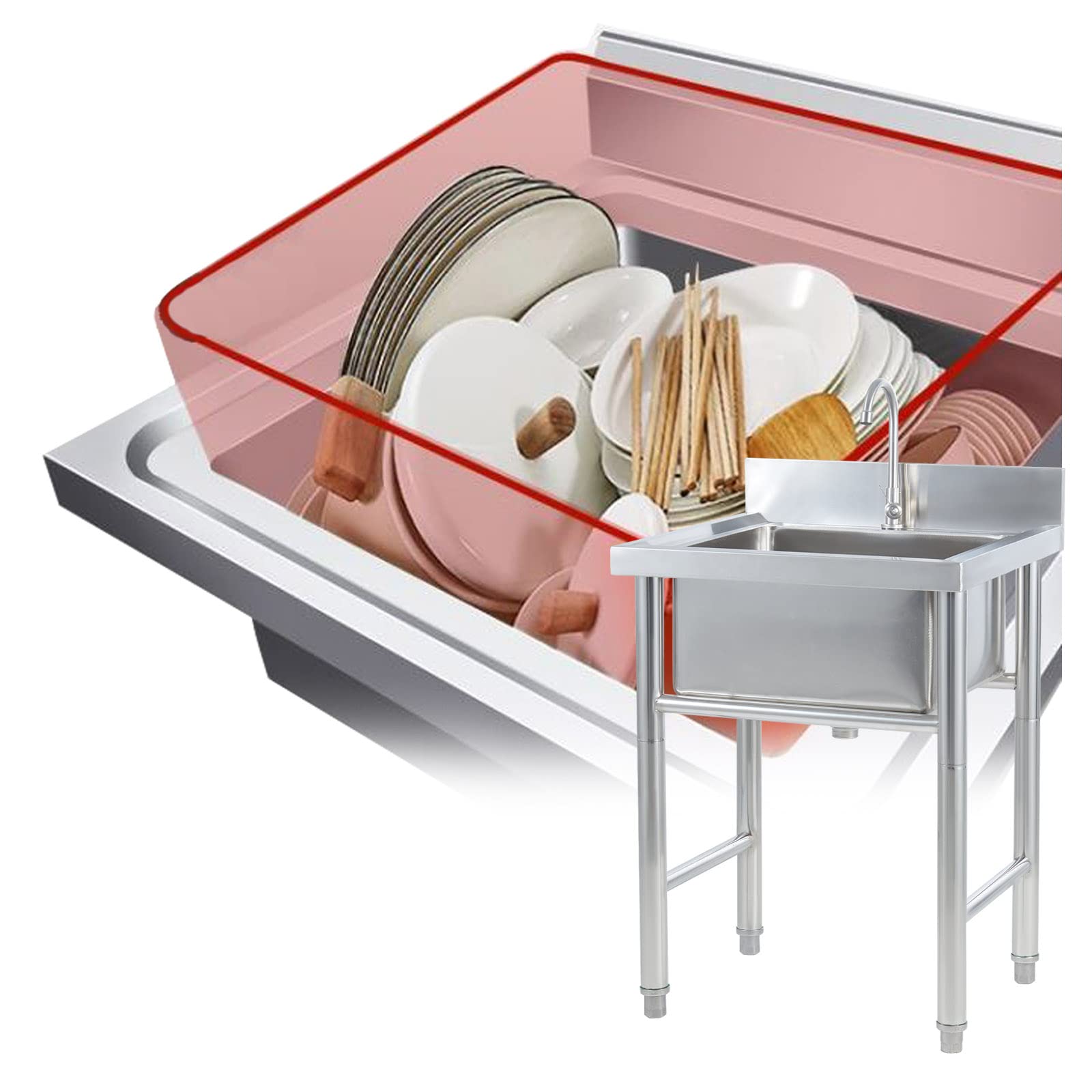 ZQFHSX 304 Stainless Steel Sink Freestanding Single Bowl Commercial Utility Restaurant Kitchen with Faucet for Outdoor,Laundry Room,Garage,19.7''/23.6''