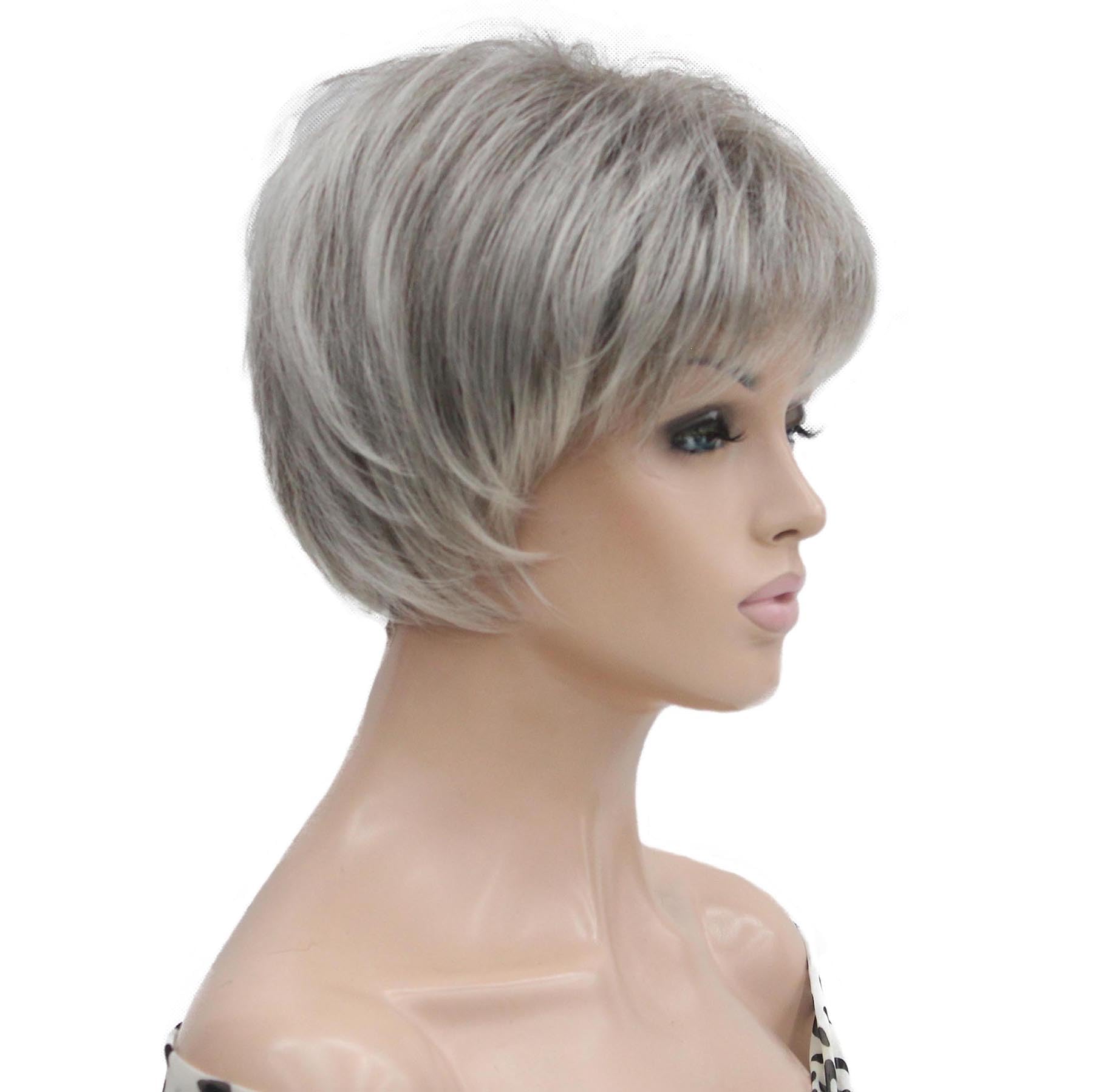Lydell 6-8" Straight Short Bob Wig Layered Shaggy Flat Bangs Heat Resistant Synthetic Wigs 48T Light Gray with Dark Root - Image 3