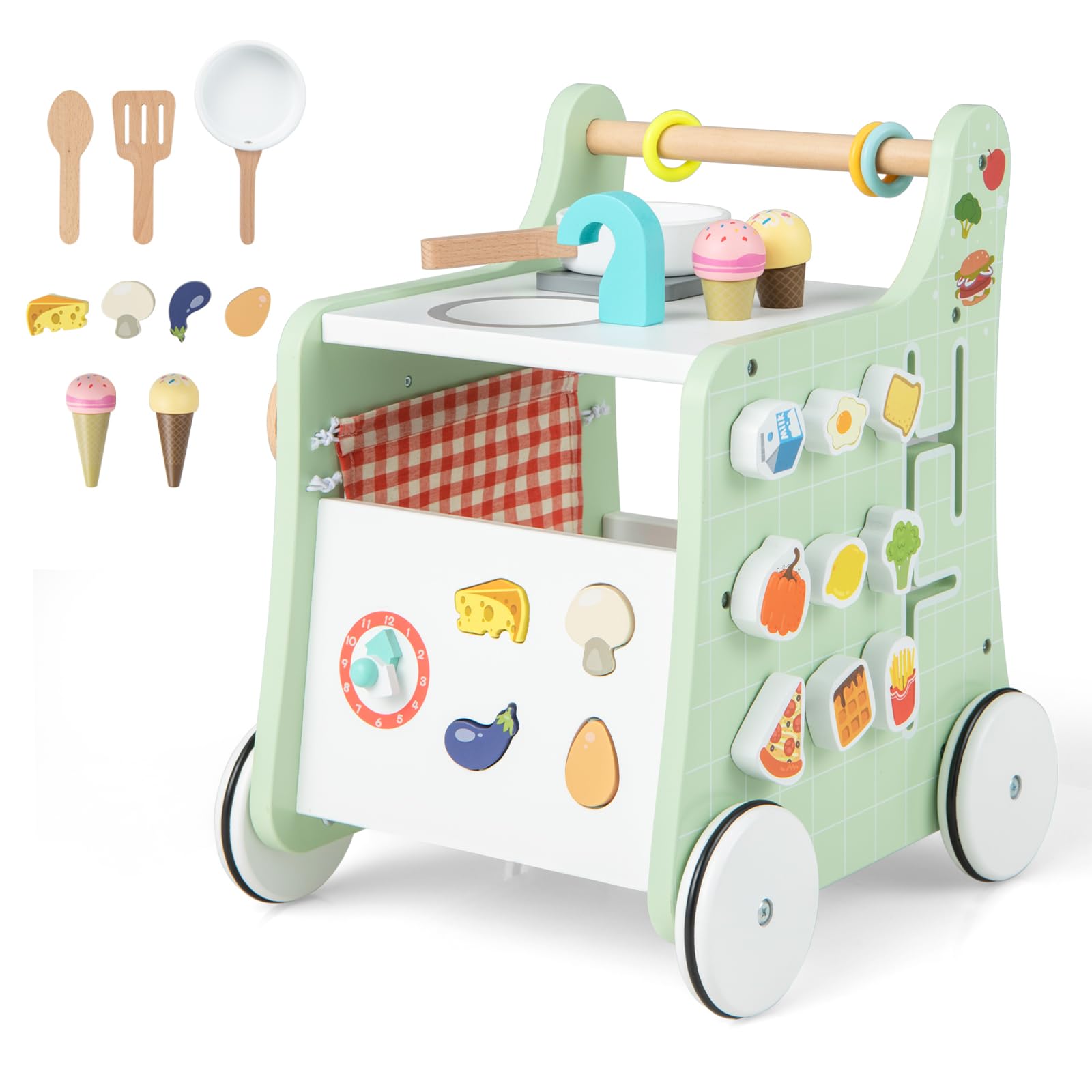 GLACER 6-in-1 Wooden Play Kitchen, Multipurpose Activity Center w/Play Kitchen, Shape Matching & Movable Slider, Pretend Kitchen, Teaching Clock, Ergonomic Baby Push Walker w/Wheels for 12 Months+