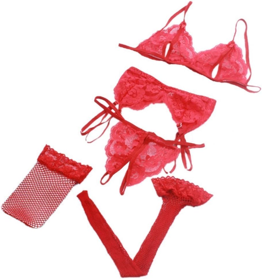 Firefly Secret Full Lingerie Set Open Crotch Lace Bikini, Garter Belt & Fishnet Thigh High Stockings (XXS, Red #2)