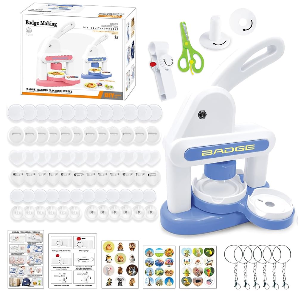 KBIBCK Button Maker Machine, 35mm and 55mm Badge Punch Press Kit, Badge Making Kit for Kids with 72 Pcs Button Parts and 3 Stickers, Badge Machine with Circle Cutter for Party, Events, Gifts (Blue)
