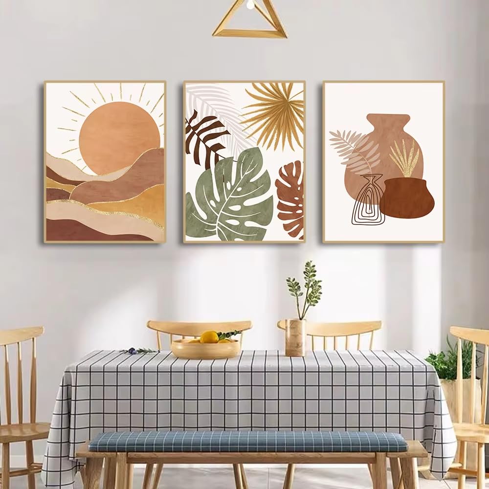 DFZEWKI Boho Abstract Aesthetic Canvas Geometric Lines Wall Art Leaves Desert Bottles Posters Prints Home Decoration Mural(50x75cm(20x30in) x3/No frame)