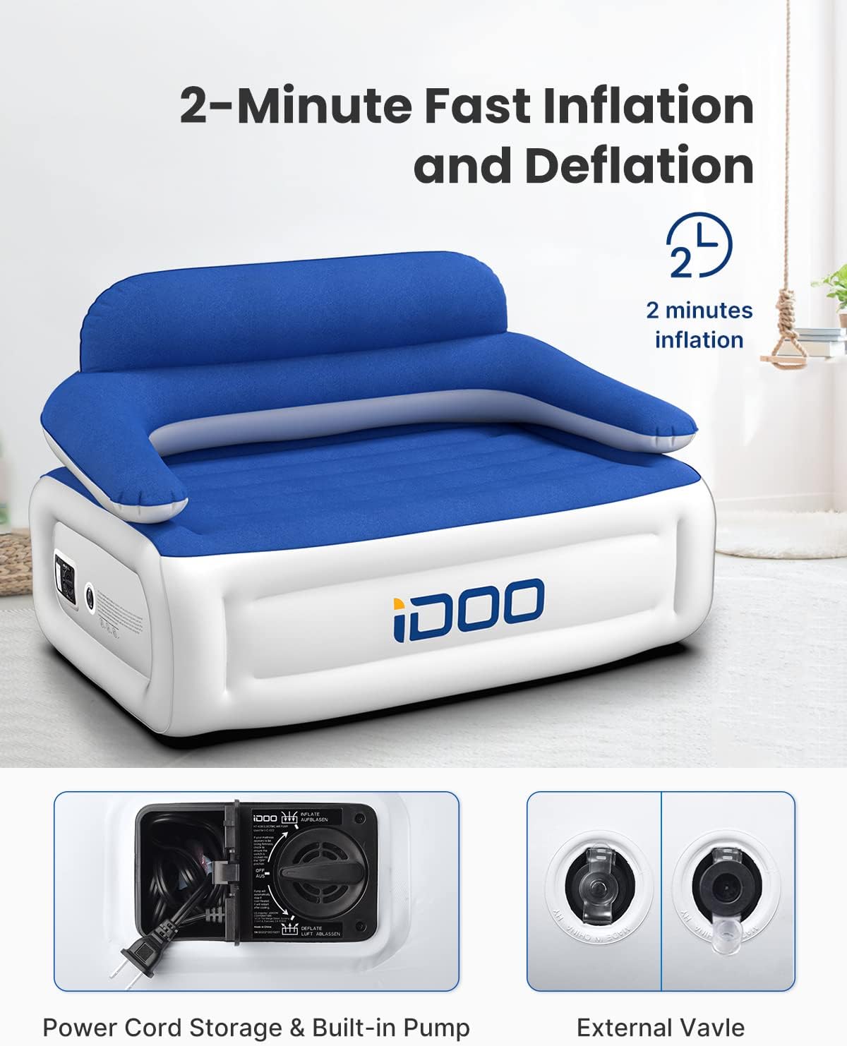 iDOO Sofá inflable, sofá inflable de 3 plazas con bomba integrada, silla inflable de campamento