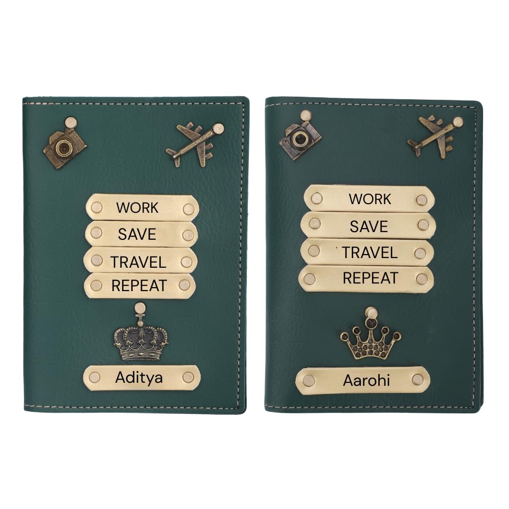 Personalized Leather Name with Charm Couple Passport Cover | Customized Gift Combo for Boyfriend Girlfriend Friend Husband Wife Father & Mother (Green)-image-37