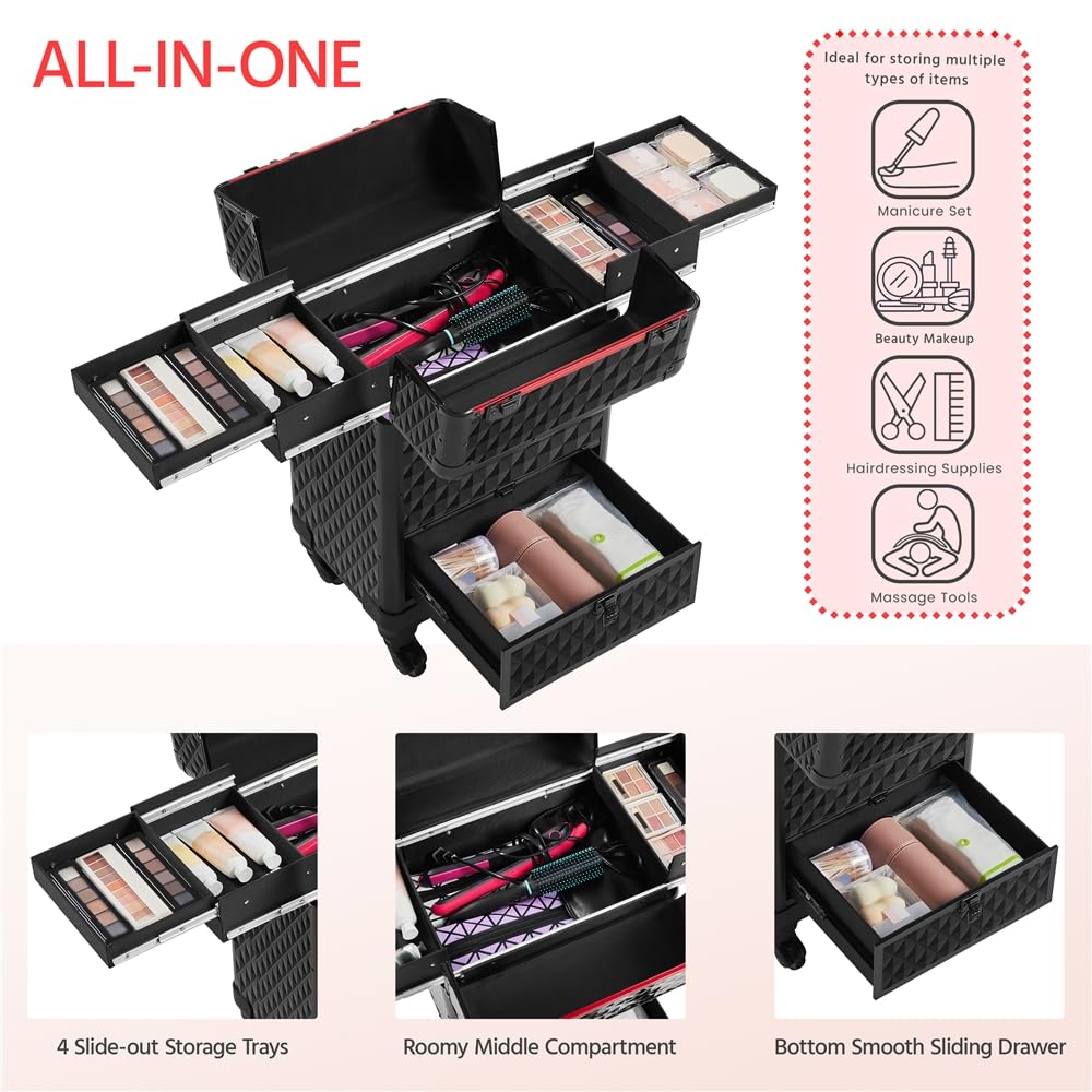 Yaheetech Maletin Maquillaje Profesional con Ruedas Desmontables Peluquería | Estuche Maquillaje para Cosméticos Manicura,34.3 x 24.2 x 55.5 cm,Color Negro