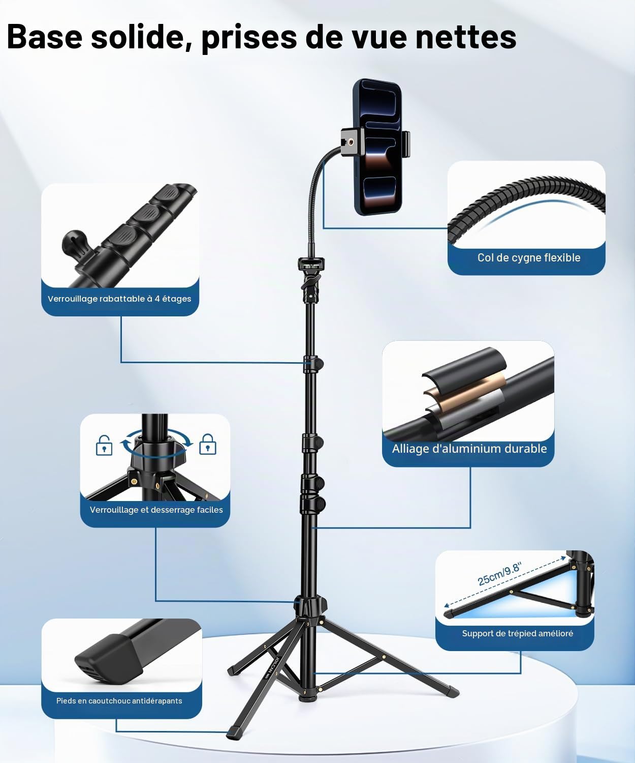 JOILCAN 200cm Trepied Smartphone, Flexibles Trépied Téléphone avec Col de Cygne 25cm & Télécommande, Perche a Selfie Trépied pour iPhone 17/16/Pro Max, Trepied Caméra en Aluminium für DSLR d'action