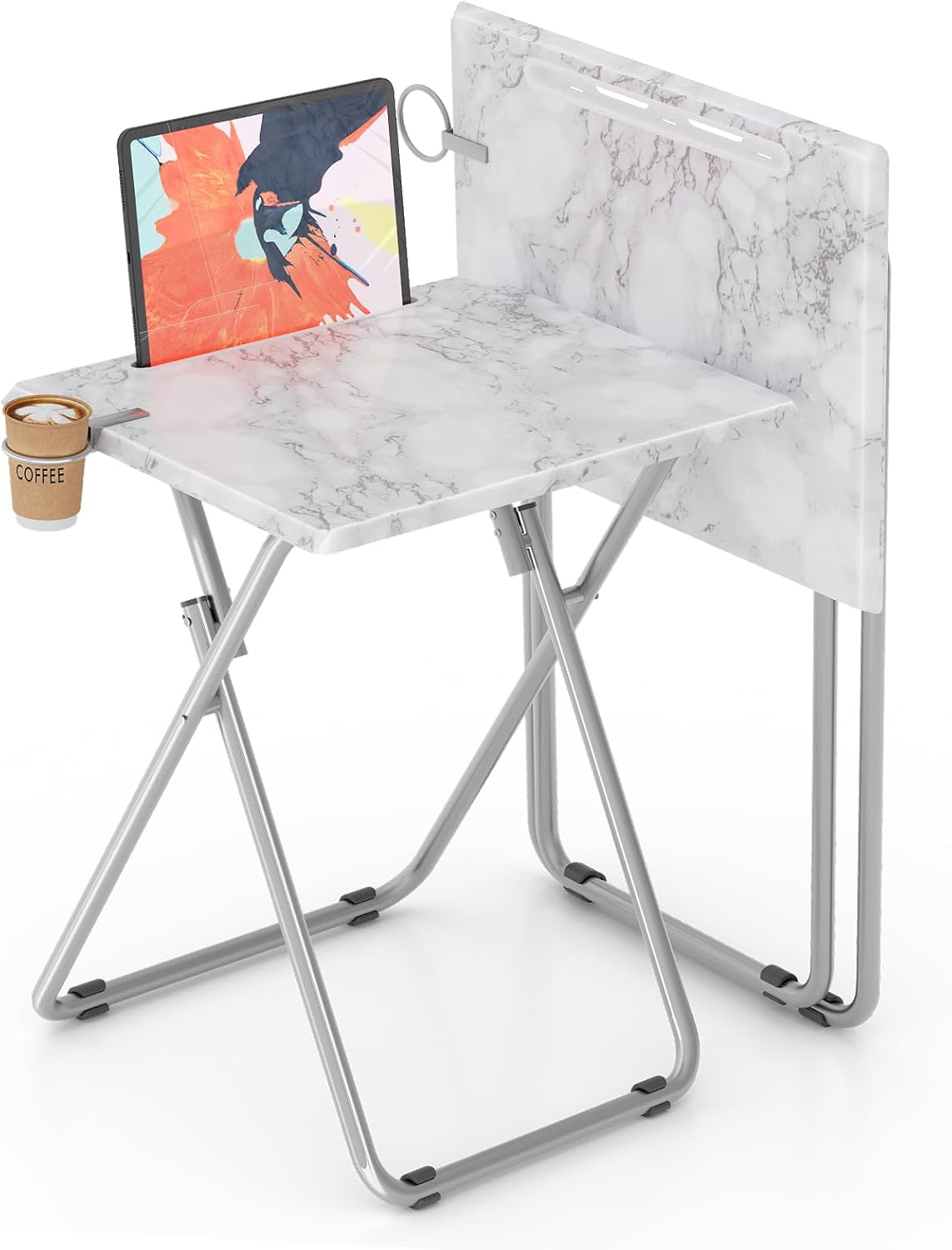 TV Tray Table,Folding Table with Cup Holder Portable,Foldable Snack Tray for Eating,Small Folding Tables Set of 2,Dinner Tables for Couch, Living Room,Small Space (White Marble,2Pcs) White Marble 2PCS