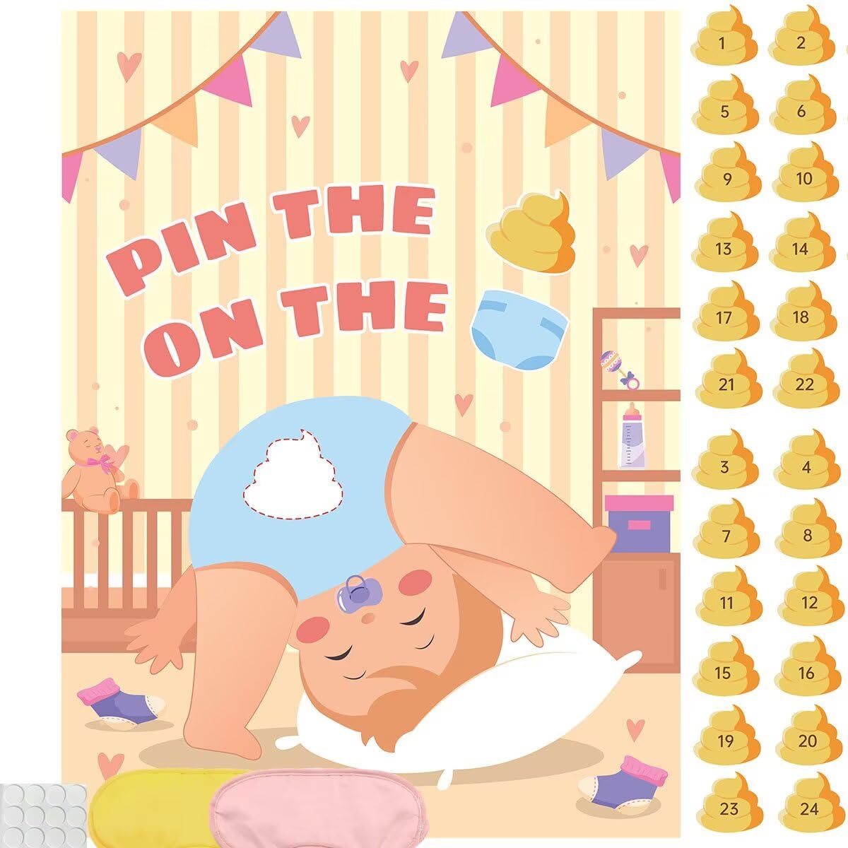 Pin the Sticker on Diaper Game Diaper Themed Party Games Baby Shower Party Activities, Babyshower Poster with 2 Blindfolds, Birthday Party Funny Group
