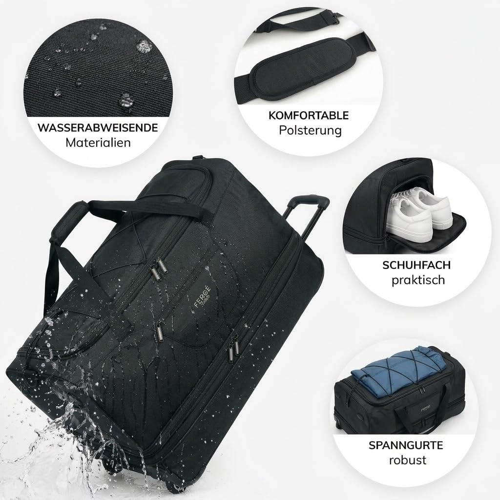 FERGÉ XL große Reisetasche mit Rollen erweiterbar und Schuhfach - Trolley mit Spanngurten Weichgepäck Reisetasche Weekender Paris