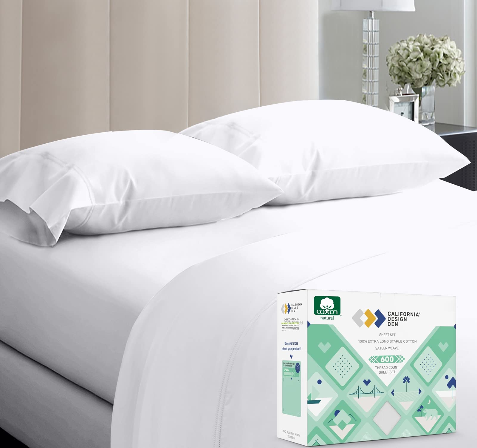 California Design DenLuxury Full Size Sheet Set 100% Cotton 600 Thread Count, Deep Pocket, Snug Fit, Soft & Crisp White Sheets with Sateen Weave 4 Piece Set (Full, Pure White)