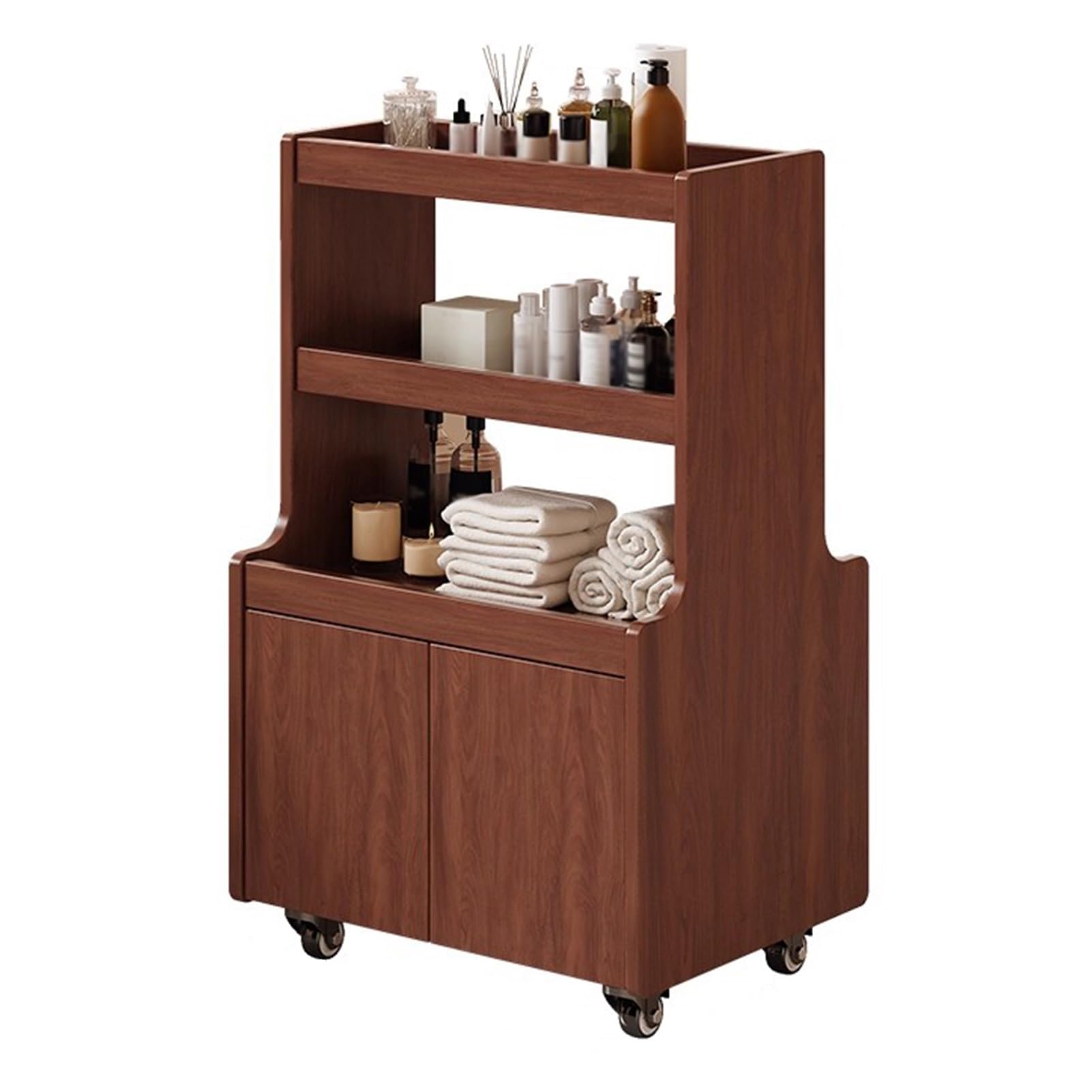 XPLKQXE Estante de Almacenamiento Móvil para Baño, Carro para Herramientas Cosméticas, Unidad de Gabinete 360 con Ruedas, Adecuado para Salones de Peluquería, Spas(Walnut Color,50x40x85cm)