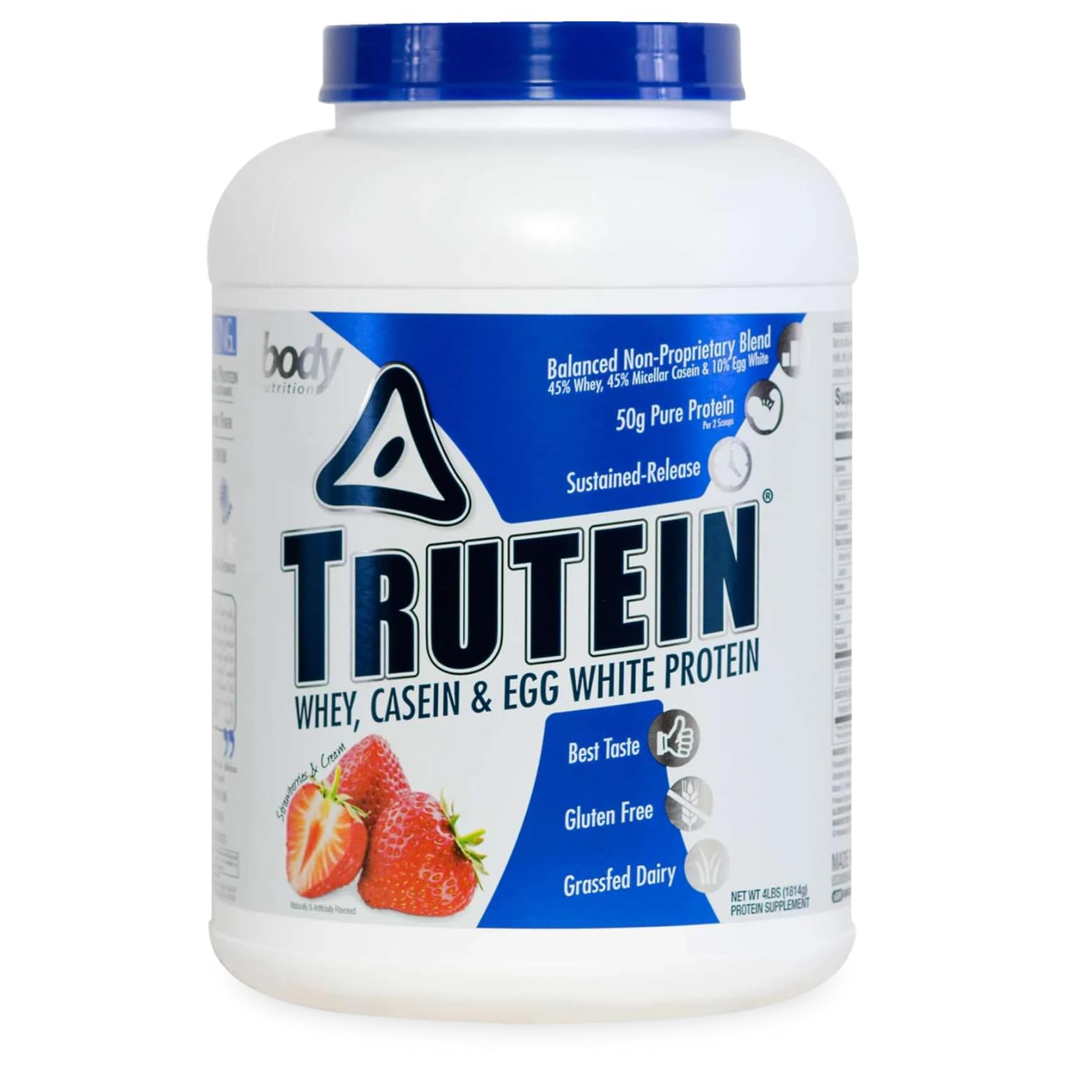 Body Nutrition Trutein High Protein Powder: 45% Whey, 45% Casein, 10% Egg White, Gluten-Free, Low Sodium, Grass Fed Whey Protein Powder, Gym Supplement & Breakfast Shake, Strawberries & Cream, 4lb