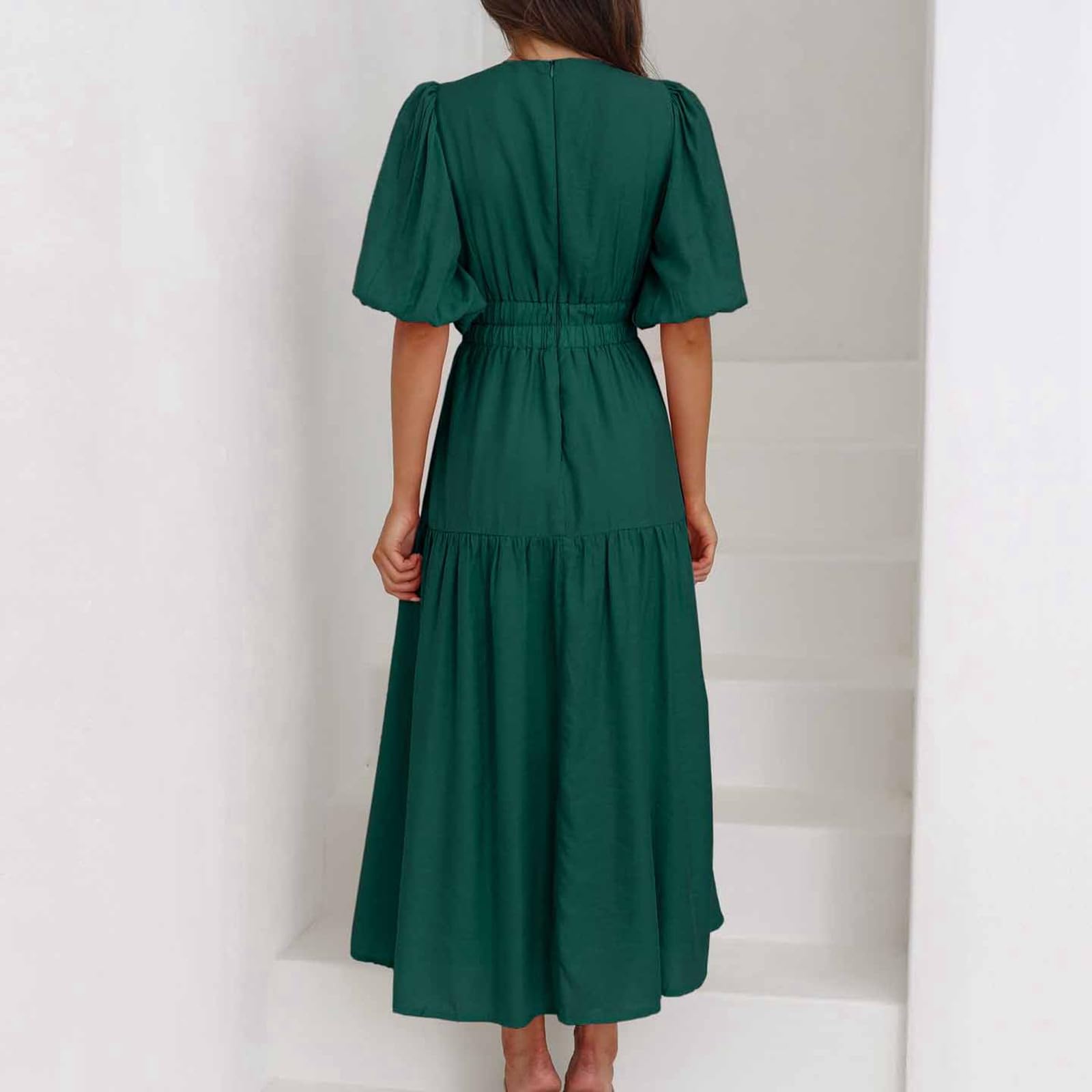 2025 - Robe trapèze décontractée à manches courtes et col en V pour femme - Robe de plage fluide à volants - Robe longue mignonne pour femme