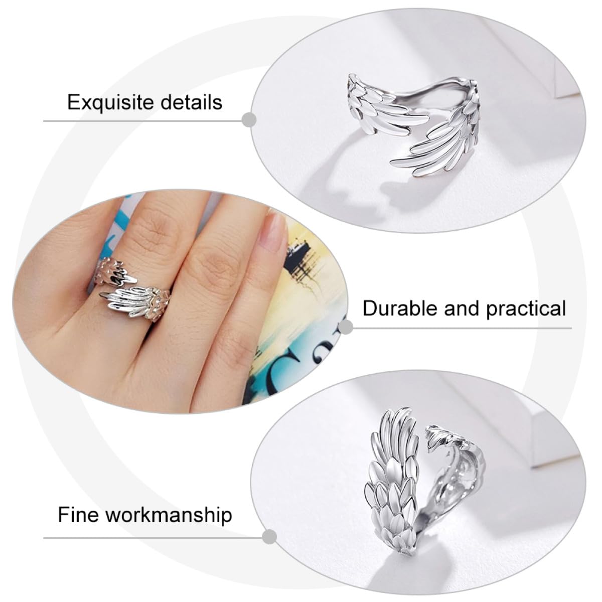 Abaodam Bague Ouverte en Argenté S925 Réglable Forme D'aile Décorative pour Femmes et Filles, Style Élégant et Simple, pour Mariage ou Occasion Spéciale