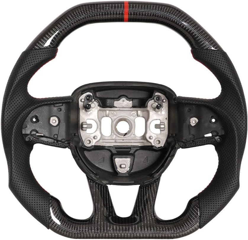 Flat-bottom Steering Wheel, Preforated Leather Grip Carbon Fiber Steering Wheel Compatible with Dodge Challenger/Charger/HellCat 2015-2020 SRT