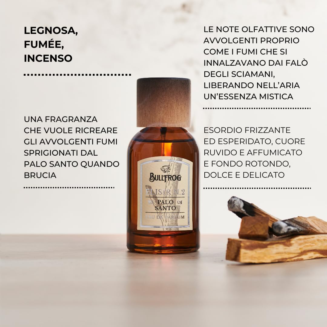 Bullfrog - Eau De Parfum Elisir N.2 Palo Santo, Fragranza Legnosa, Fumée e Incensata, Note di Bergamotto, Violetta e Gelsomino, 100 ml