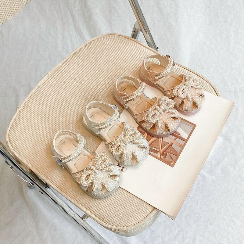Kids Baby Summer Girls Sparkingly Sandals Closed Toe Pearl Glitter Diamond Crystal Bow Princess Cute High Heels Shoes3
