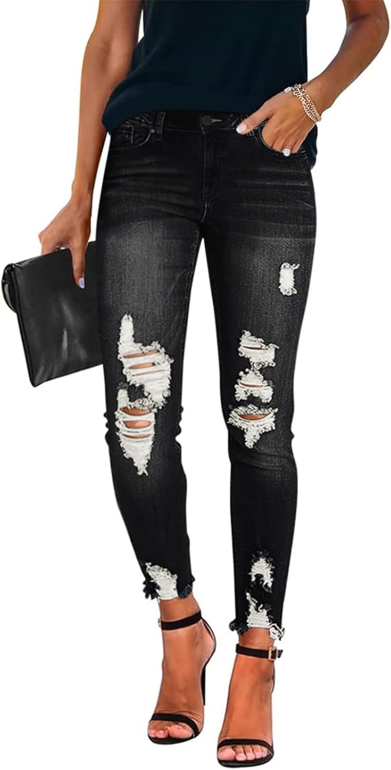 Women's Jeans Butt Lift Comfy Stretchy Ripped Skinny Mid Waist Destroyed Denim Pants (Pack of 2) - Image 3