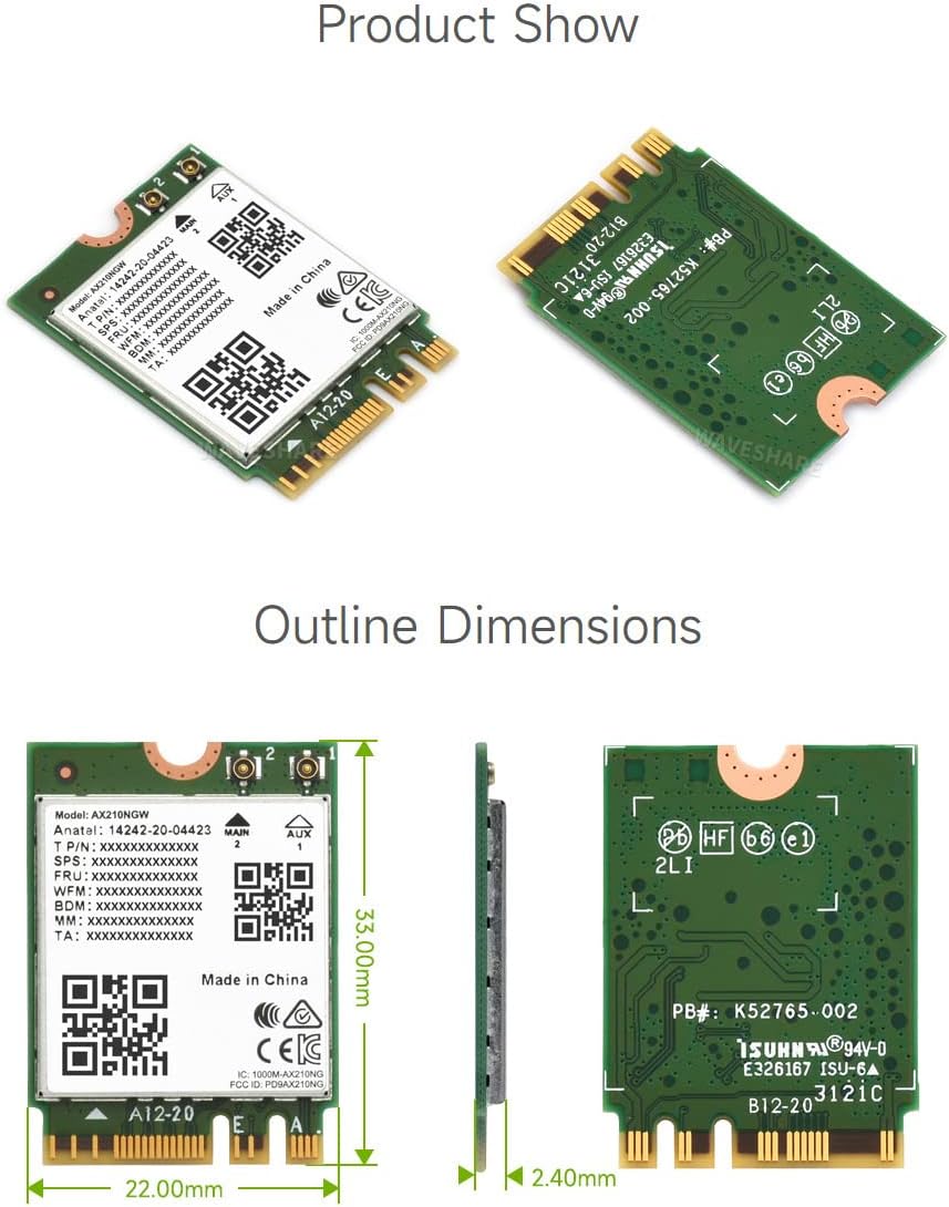 Waveshare Wireless AX210 NIC, Gigabit Tri-Band Wi-Fi 6E, 802.11AX Standard, Bluetooth 5.3, 2.4G/5G/6GHz, NGFF Interface, MU-MIMO, High-Speed Performance & Compatibility