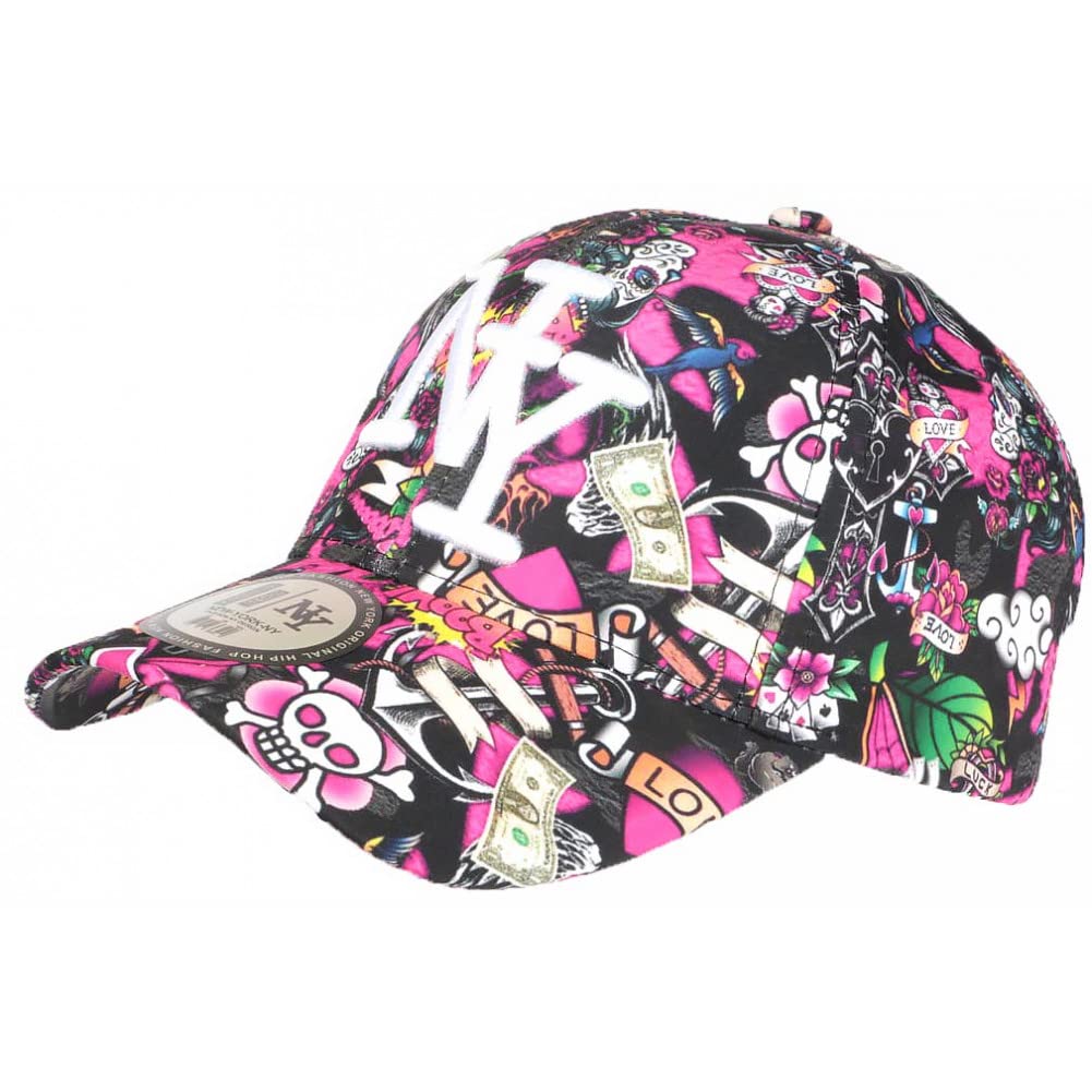 Hip Hop Honour Gorra infantil rosa con calavera de impresión de dibujos animados NY Skull de 7 a 11 años - Tamaño: Talla única - Color: Rosa - Niño, rosa, Talla única