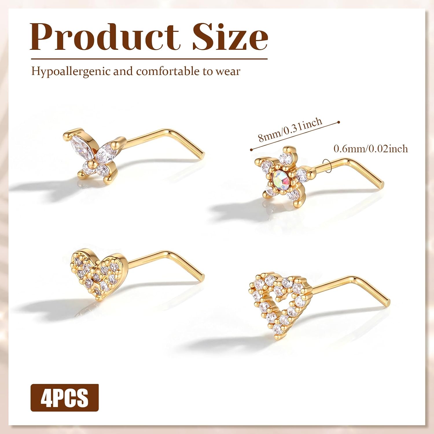 Tucnoeu 4 Pcs Nose Rings, L Shaped Nose Studs for Women, Stainless Steel Butterfly Heart Designs Gold Noses Piercing CZ Body Piercing Noses Studs Jewelry