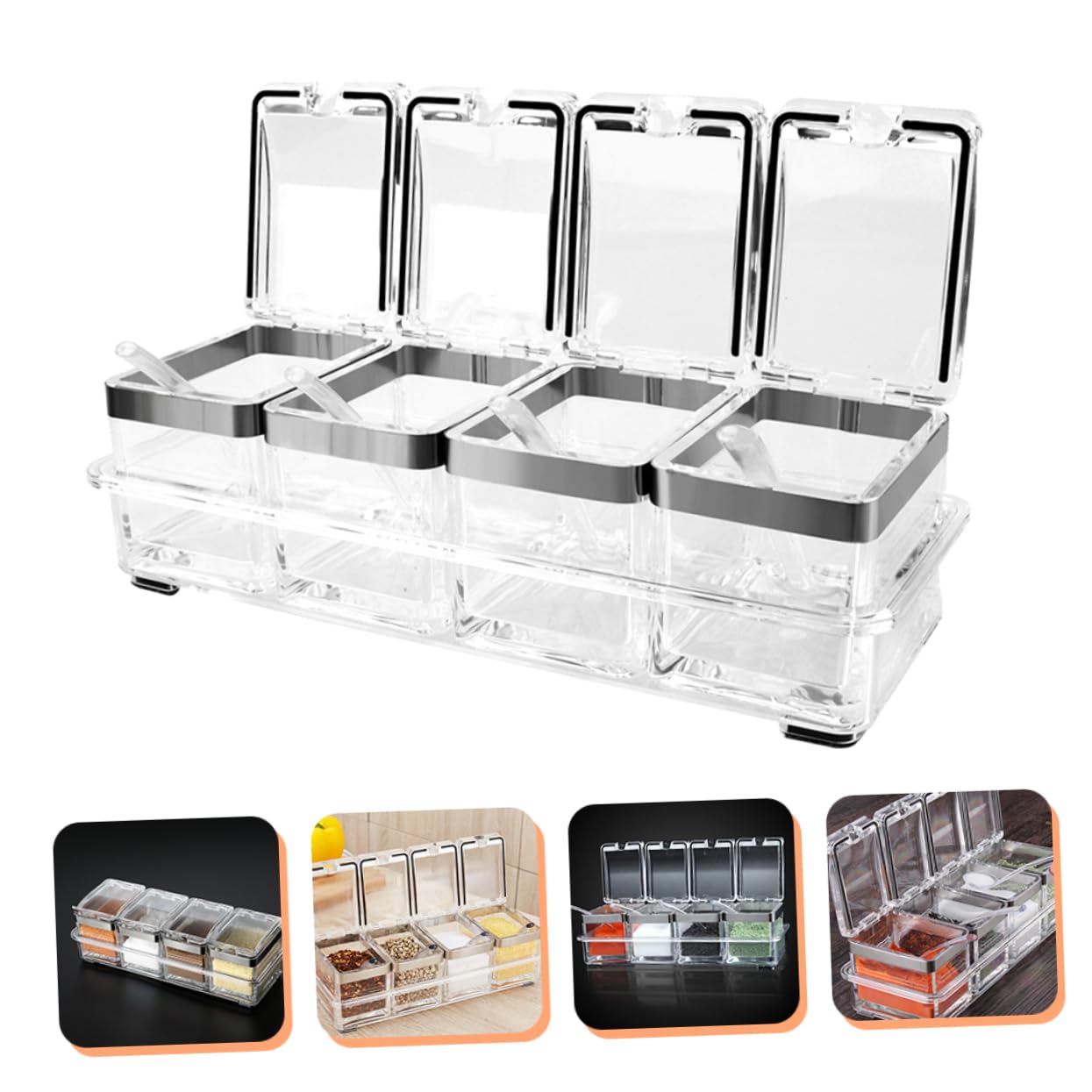 Luxshiny Gewürzbehälter Praktisches Küchenaufbewahrungsetui 4 Stück Acryl mit Deckel und Tablett Gewürzgläser für Salz und Gewürze als Einzugsgeschenk