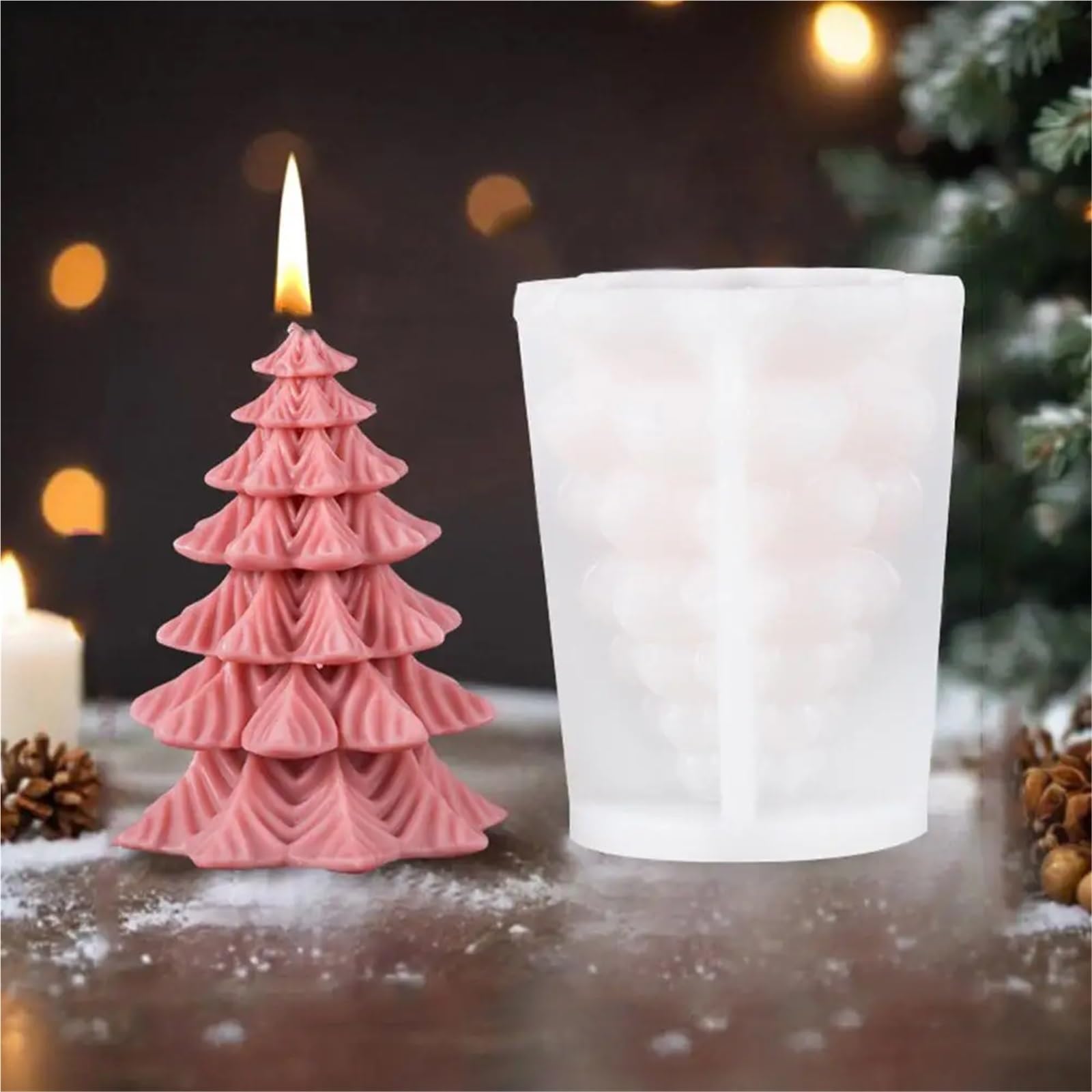7 Uds. De vela cilíndrica con patrón de tallado árbol Navidad, molde silicona 3D, cilíndrico for alce y copo nieve Reno para Velas(Clear07)
