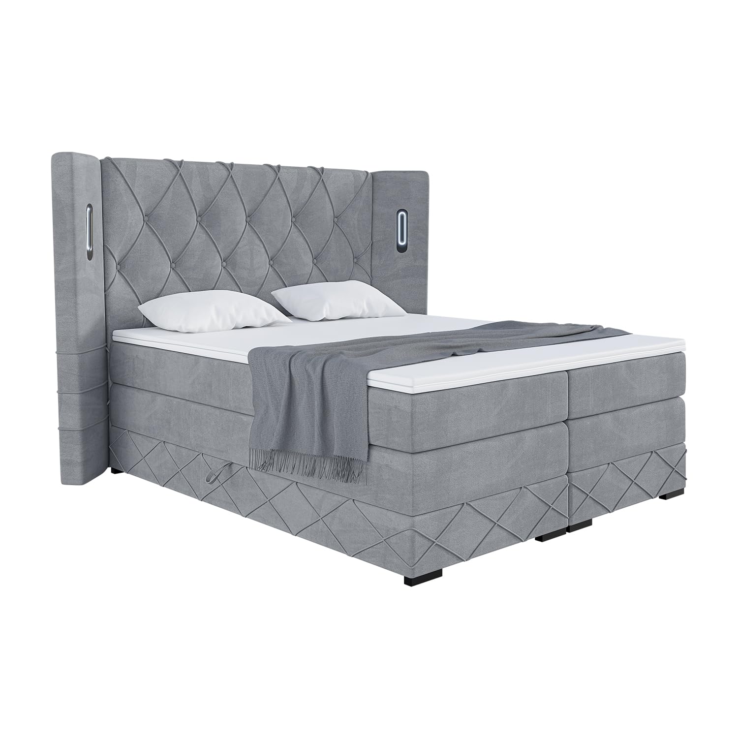 MEBLINI King Boxspringbett mit Bettkasten - Gepolstert Doppelbett mit Matratze und Topper - Polsterbett mit Stauraum - Bett mit LED Kopfteil - Stauraumbett - Manuel - 180x200 - H3/Grau Samt