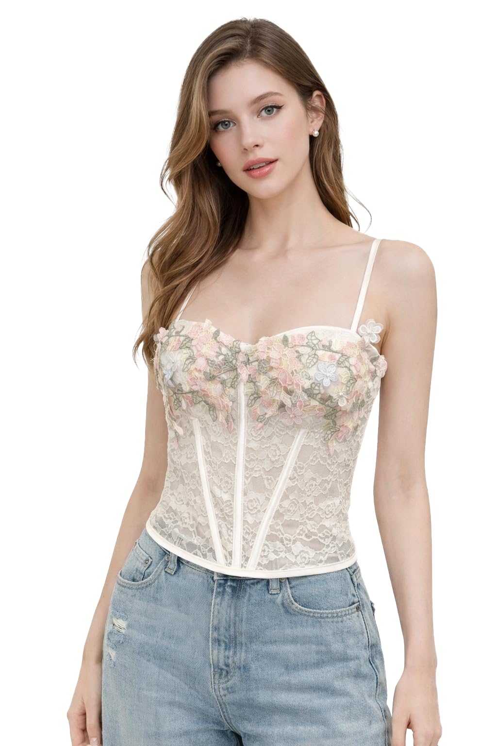 Women’s Floral Lace Corset Mini Dress with Spaghetti Straps Embroidered Bustier Fit & Ruffle Hem Dress DN8138-image-18